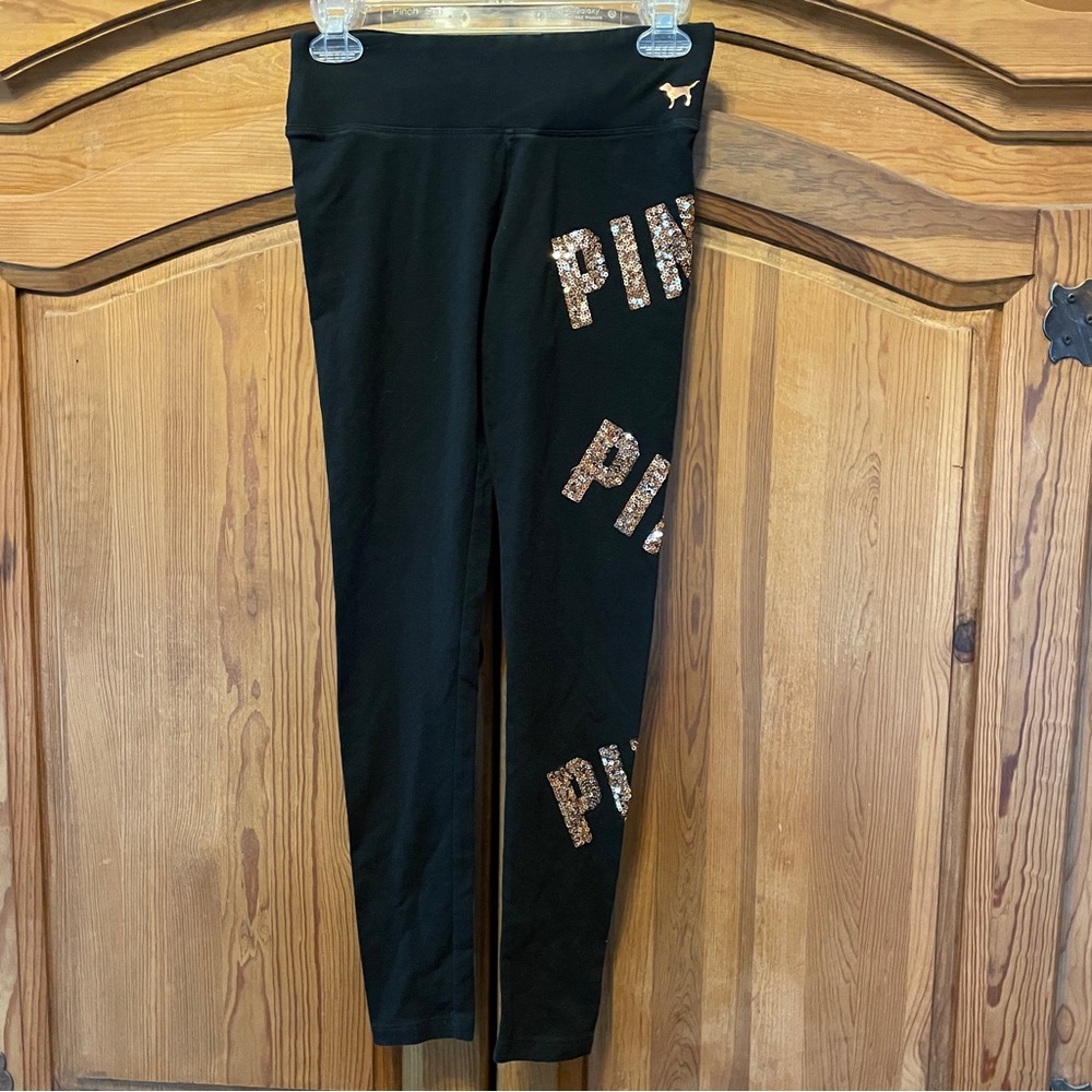 Victoria's Secret PINK Black Leggings Yoga Pants w/Gold Sequins Embellishment XS